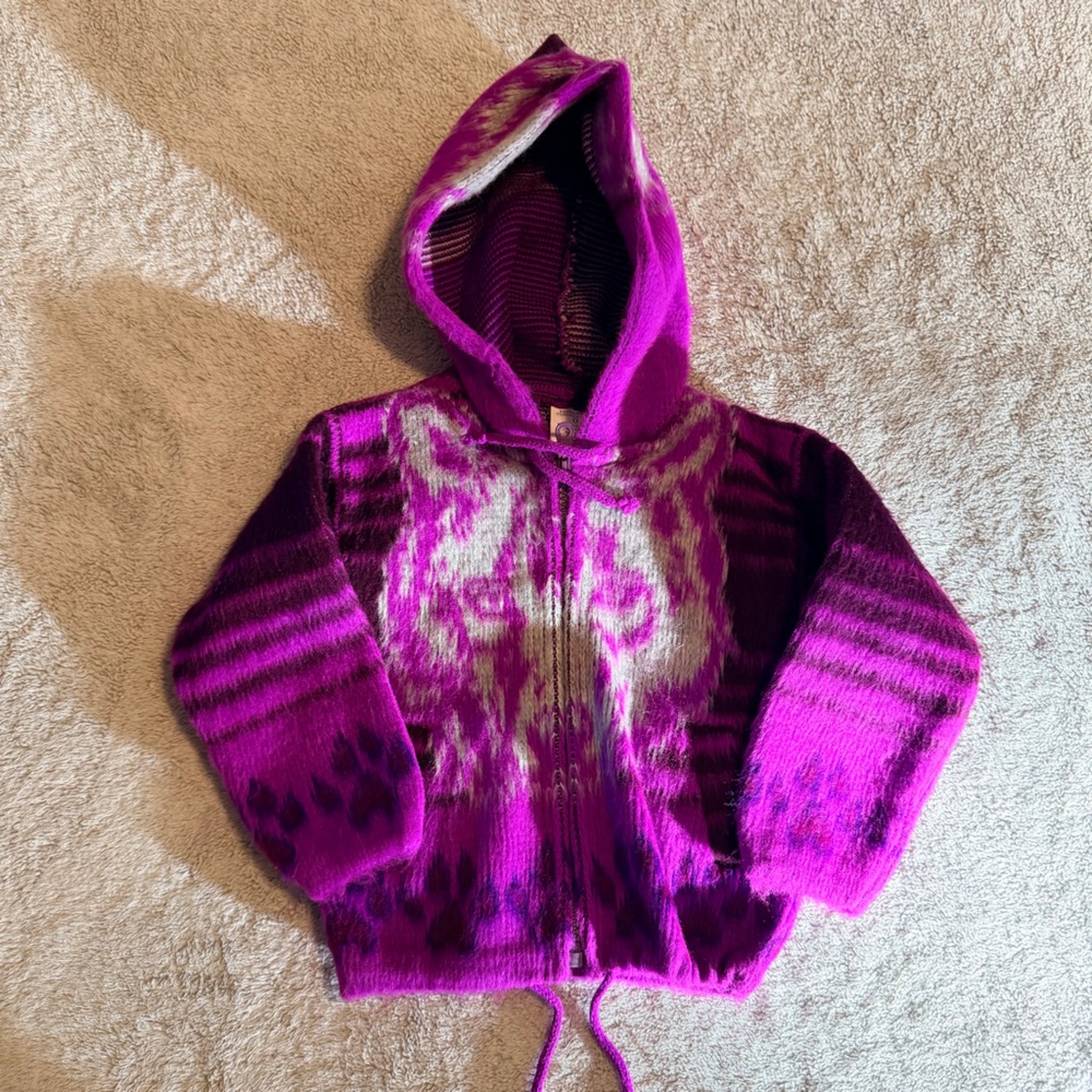 Purple Hooded 100% Wool Zip Up Wolf Face Jacket Handmade in Ecuador